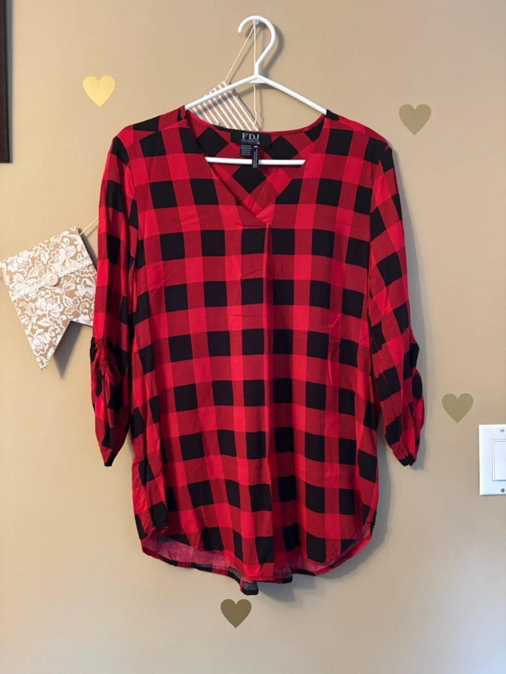 FDJ Red and Black Buffalo Plaid V-Neck Blouse - Picture 2 of 8
